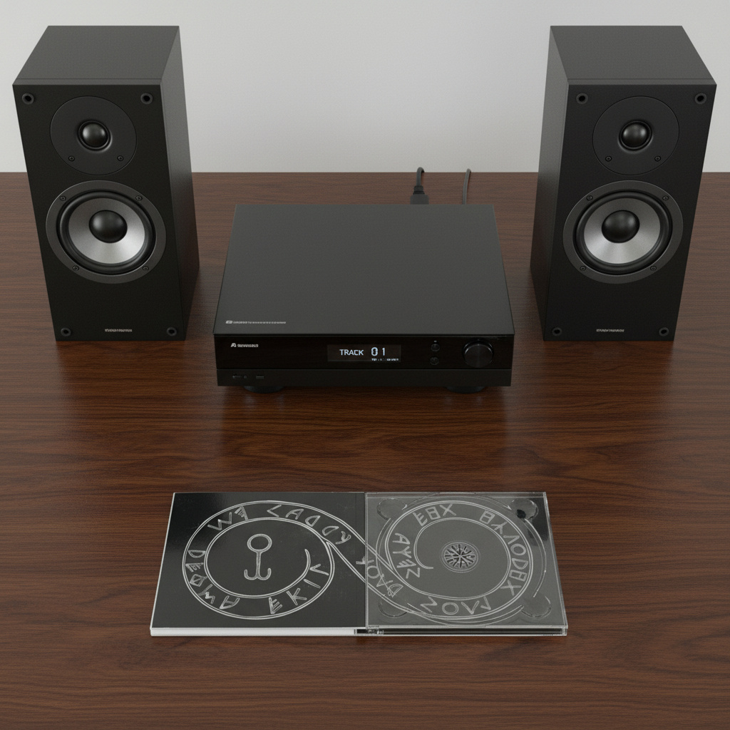 4 Panel 1 disc digipak 4 Panel Digipak on a table with CD player and speakers